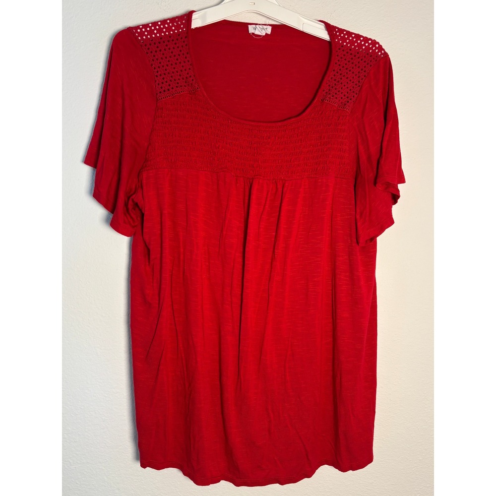 Westport Woman Red‎ Crochet Shoulder Smocked Short Sleeve Blouse Top 1X